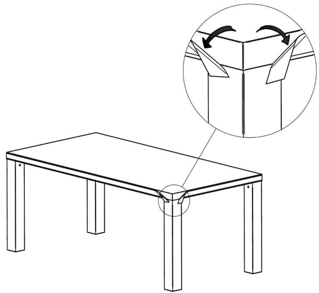 Technical diagram showing a table with legs and legs fixed, with an inset illustrating the folding process of a box.