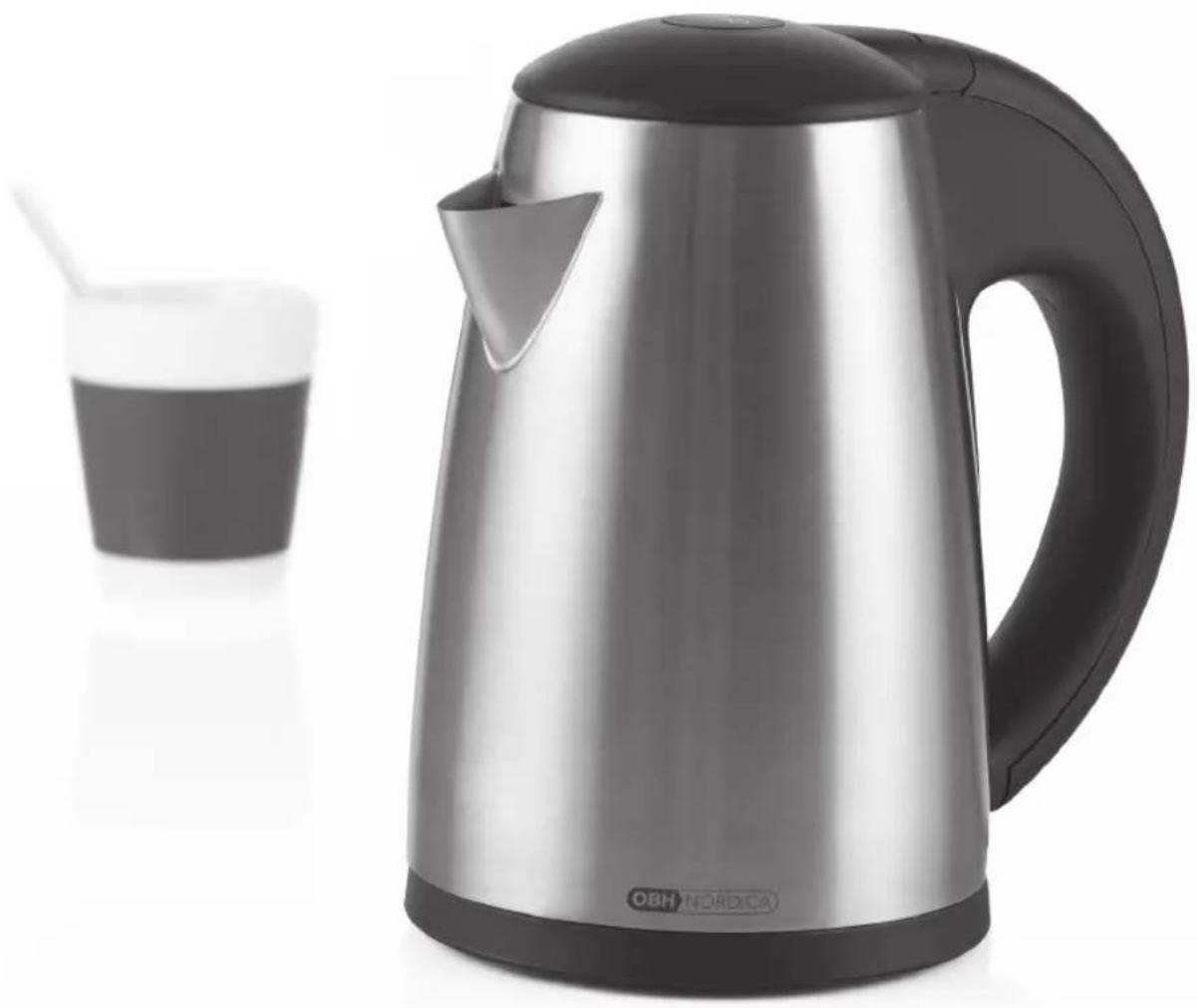 Modern stainless steel kettle with a straw, next to a glass of dark liquid (no text or symbols visible on the main objects)