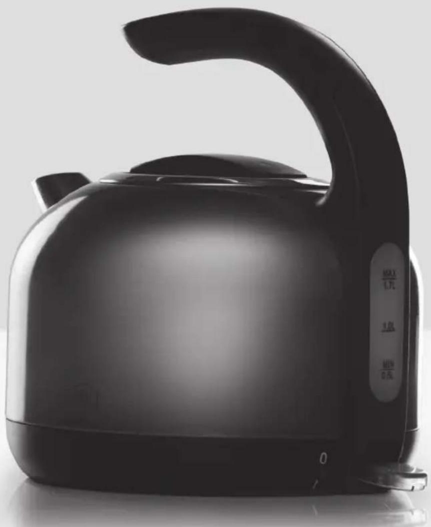Black kettle with a curved handle and control panel, no visible text or symbols on the device itself.