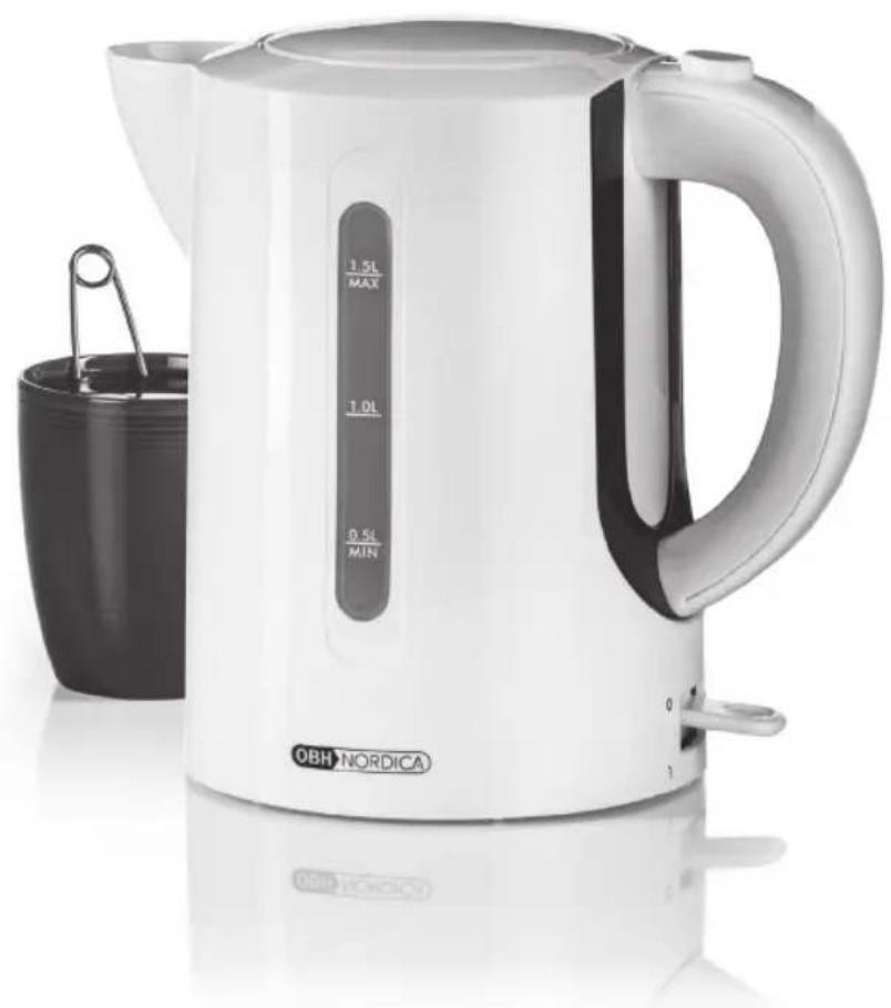 White and black industrial kettle with a paper cup beside it, no visible text or symbols on the main subject.