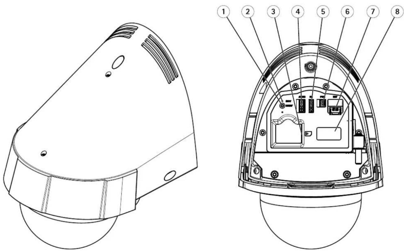 Technical diagram of a security camera with numbered component labels for both views
