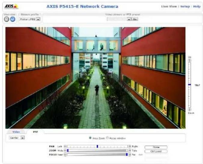 AXIS P5415-E Network Camera Live View | Setup | Help View: 0 Browse profile Habcam JPS2 Video stream or PTZ played Up TBL7 Down Video PTZ Area Zoom Focus window Pan Left Right Zoom Wide Title FOCUS Rear Far out Zoom