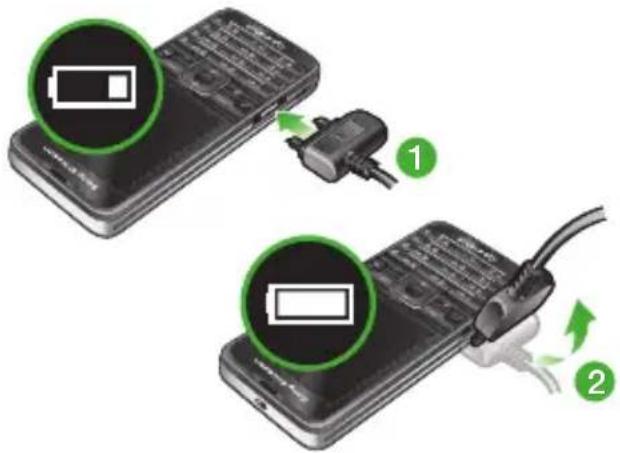 Diagram showing two smartphone screens connected to a charger, with battery icons and charging cable connections labeled ① and ②.