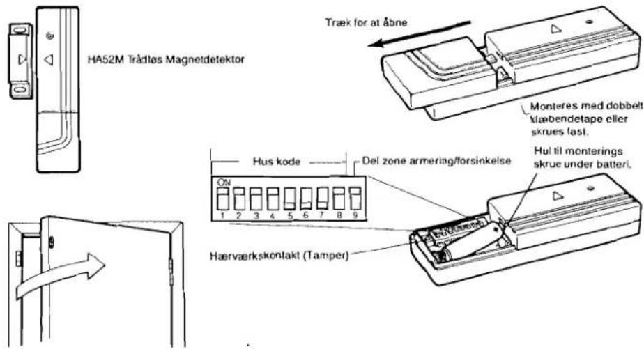 HA52M Trådles Magneldetektor Træk for at Åbne Monteres med dobbelt klæbendetape eller skrues fast, Hul til monterings skrue under batteri. Hus kode Del zone armering/forsinkelse ON 1 2 3 4 5 6 7 8 9 Haervaerkskontakt (Tamper)