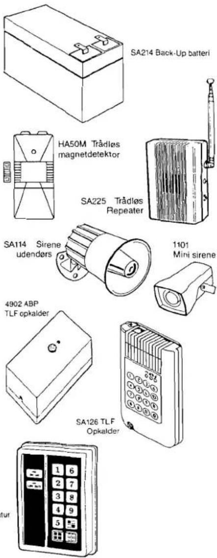 SA214 Back-Up batteri HA50M Trådløs magnetdetektor SA225 Trådløs Repeater SA114 Sirene udenders 1101 Mini sirene 4902 ABP TLF opkalder SA126 TLF Opkalder tur