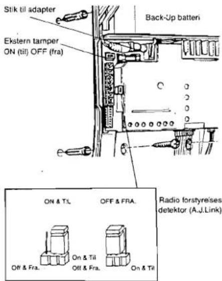 Stik til adapter Ekstern tamper ON (til) OFF (fra) Back-Up batteri ON & TL OFF & FRA. Radio forstyres detektor (A.J.Link) Off & Fra. On & Til Off & Fra. On & Til