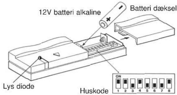 12V batteri alkaline Batteri dæksel Lys diode Huskode ON 1 2 3 4 5 6 7 8