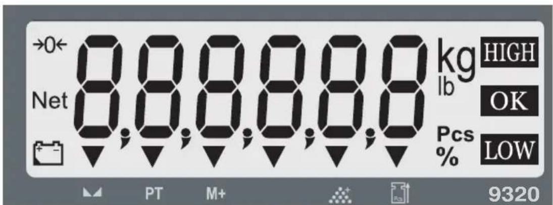 →0← Net 8,8,8,8,8,8 kg HIGH lb OK Pcs % LOW PT M+ 9320