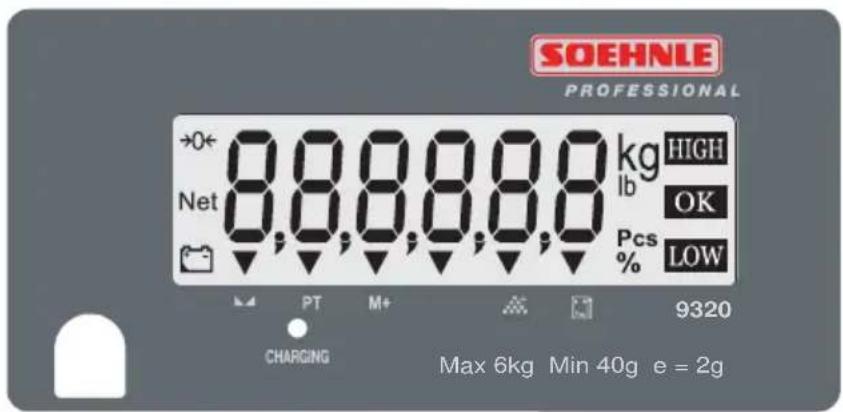 SOEHNLE PROFESSIONAL ->0+ Net 8.8.8.8.8.8 kg HIGH lb OK Pcs % LOW M PT M+ 9320 CHARGING Max 6kg Min 40g e = 2g