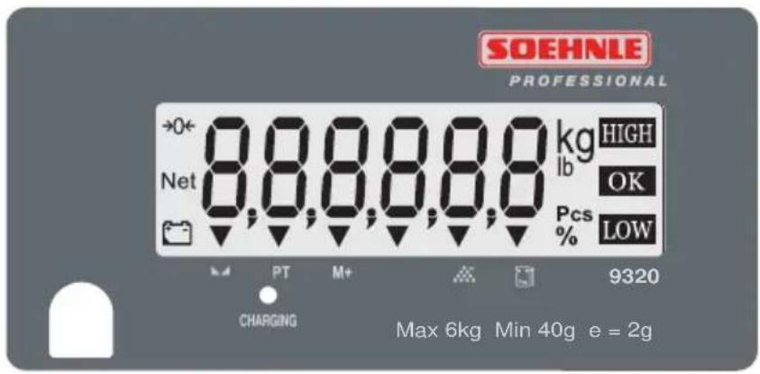 SOEHNLE PROFESSIONAL +0+ Net 8.8.8.8.8.8 kg HIGH lb OK Pcs % LOW PT M+ 9320 CHARGING Max 6kg Min 40g e = 2g