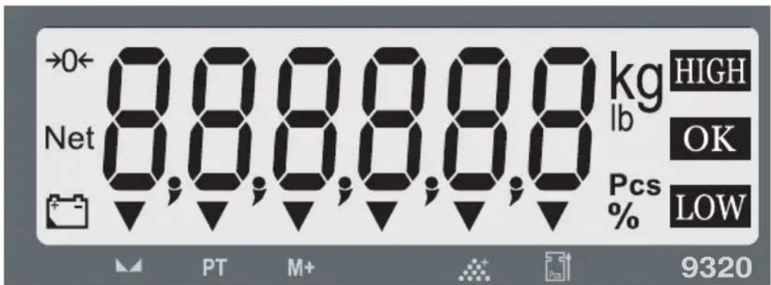 →0← Net 8,8,8,8,8,8 kg HIGH lb OK Pcs % LOW PT M+ 9320