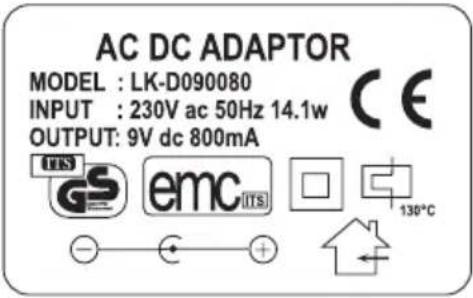 AC DC ADAPTOR MODEL : LK-D090080 INPUT : 230V ac 50Hz 14.1w OUTPUT: 9V dc 800mA 130°C