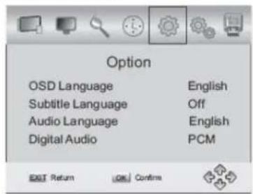 Option OSD Language English Subtitle Language Off Audio Language English Digital Audio PCM EXIT Return OK/ Confine