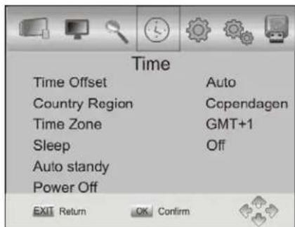 Time Time Offset Auto Country Region Cependagen Time Zone GMT+1 Sleep Off Auto standy Power Off EXIT Return OK Confirm