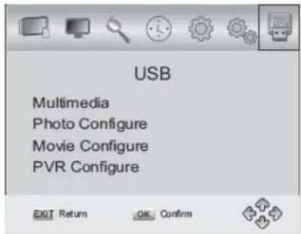 USB Multimedia Photo Configure Movie Configure PVR Configure EXIT Return OK Confirm