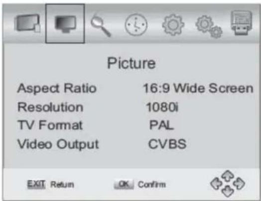 Picture Aspect Ratio 16:9 Wide Screen Resolution 1080i TV Format PAL Video Output CVBS EXIT Return OK Confirm