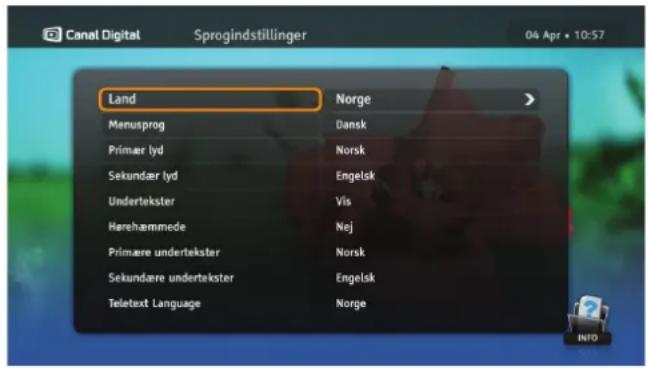 Canal Digital Sprogindstillinger 04 Apr • 10:57 Land Norge Menusprog Dansk Primer lyd Norsk Sekundær lyd Engelsk Undertekster Vis Herehæmmede Nej Primære undertekster Norsk Sekundære undertekster Engelsk Teletext Language Norge INFO