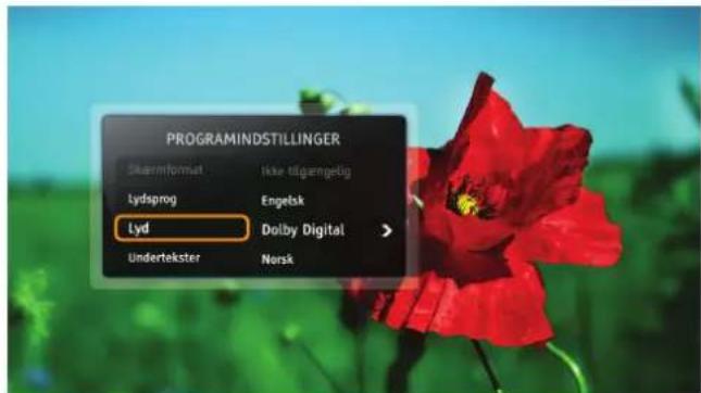 PROGRAMINDSTILLINGER Skærmfornat Ikse tätigengetig Lydsprog Engelsk Lyd Dolby Digital Undertekster Norsk