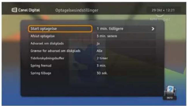 Start optagelse Aflut optagelse Adversel om diskplads Grame for adversel om diskplads Tidstorskydningsbuffer Spring fremad Spring tilbage 1 min. tidligere 3 min. senere Ja Alle 2 timer 5 min. 30 sek.