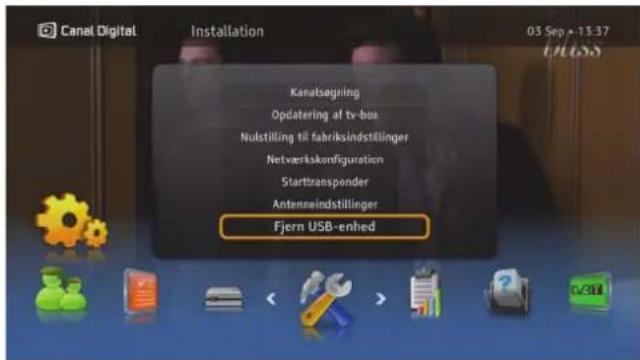 Canal Digital Installation 03 Sep +13:37 Kanalsegning Öpdatering af tv-box Nulstilling til fabriksindstillinger Netverkskonfiguration Starttransponder Anteneindstillinger Fjern USB-enhred