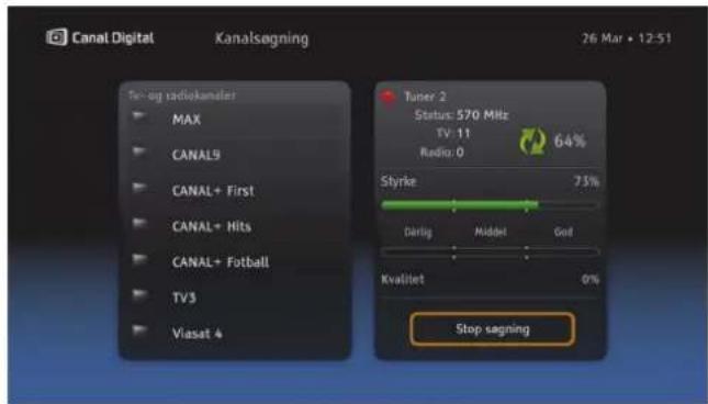 Canal Digital Kanalsøgning 26 Mar • 12:51 Tet- og radiokanaler MAX CANAL9 CANAL+ First CANAL+ Hits CANAL+ Fotball TV3 Viasat 4 Tuner 2 Status: 570 MHz TV: 11 Radio: 0 64% Styrke 75% Dårlig Niddel God Kvalitet 0% Stop sægning