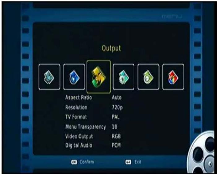 Output Aspect Ratio Auto Resolution 720p TV Format PAL Menu Transparency 10 Video Output RGB Digital Audio PCM Confirm Exit