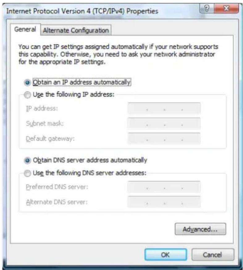 Internet Protocol Version 4 (TCP/IPv4) Properties General Alternate Configuration You can get IP settings assigned automatically if your network supports this capability. Otherwise, you need to ask your network administrator for the appropriate IP settings. Obtain an IP address automatically Use the following IP address: IP address: . Subnet mask: . Default gateway: . Obtain DNS server address automatically Use the following DNS server addresses: Preferred DNS server: . Alternate DNS server: . Advanced... OK Cancel