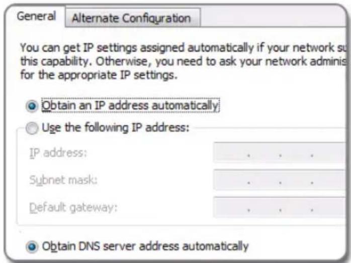 General Alternate Configuration You can get IP settings assigned automatically if your network so this capability. Otherwise, you need to ask your network adminis for the appropriate IP settings. Obtain an IP address automatically Use the following IP address: IP address: .... Subnet mask: .... Default gateway: .... Obtain DNS server address automatically