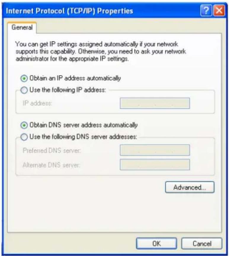 Internet Protocol (TCP/IP) Properties General You can get IP settings assigned automatically if your network supports this capability. Otherwise, you need to ask your network administrator for the appropriate IP settings. Obtain an IP address automatically Use the following IP address: IP address: Obtain DNS server address automatically Use the following DNS server addresses: Preferred DNS server: Alternate DNS server: Advanced... OK Cancel