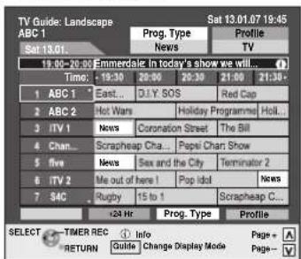 TV Guide: Landscape Sat 13.01.07 19:45 ABC 1 Sat 13.01. Time: - 19:30 20:00 20:30 21:00 21:30 1 ABC 1 East... D.I.Y. SOS Red Cap 2 ABC 2 Hot Wars Holiday Programme Hot... 3 ITV 1 News Coronation Street The Bill 4 Chan... Scrapheap Cha... Pepsi Chart Show 5 five News Sex and the City Terminator 2 6 ITV 2 Me out of here! Pop Idol News 7 SAC Rugby 15 to 1 Scrapheap C... +24 Hr Prog. Type Profile SELECT TIMER REC Info Page = A RETURN Guide Change Display Mode Page = V