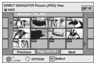 DIRECT NAVIGATOR Picture (JPEG) View HDD Movie: 100_0VD Previous Page 001/001 Next OPTION Select