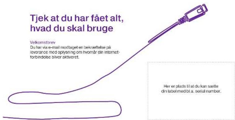 Tjek at du har fået alt, hvad du skal bruge Velkomstørev Du har via e-mail modtaget en beksettelse på levorance med oplysning om hvomår din internet- forbindelse bliver aktiveret. Her er plads til at du kan sætte din label med bl.a. serial number.
