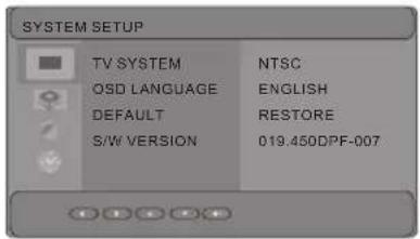 SYSTEM SETUP TV SYSTEM NTSC OSD LANGUAGE ENGLISH DEFAULT RESTORE S/W VERSION 019.450DPF-007