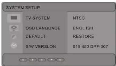 SYSTEM SETUP TV SYSTEM NTSC OSD LANGUAGE ENGLISH DEFAULT RESTORE S/W VERSION 019.450 DPF-007