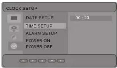 CLOCK SETUP DATE SETUP 00:23 TIME SETUP ALARM SETUP POWER ON POWER OFF
