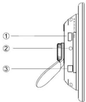 Diagram of a device with labeled parts, showing three numbered components: handle, cable, and screen.