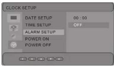 CLOCK SETUP DATE SETUP 00:00 TIME SETUP OFF ALARM SETUP POWER ON POWER OFF
