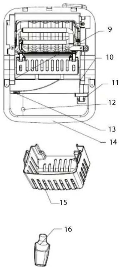 Technical diagram of a mechanical component with numbered parts and exploded view, likely for assembly or labeling purposes.