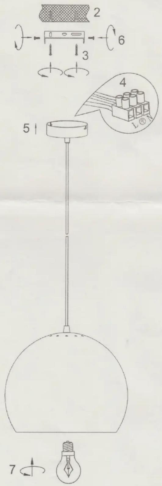 Technical diagram showing a lamp installation with numbered components and a magnified inset of cylindrical components.
