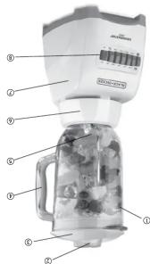 Labeled diagram of a blender with numbered parts for identification