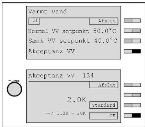 Varmt vand 01 Afslut Normal VV setpunkt 50.0°C Sank VV setpunkt 40.0°C Akceptanz VV Akceptanz VV 134 Afslut 2.0K Standard --; 1.0K - 20K OK