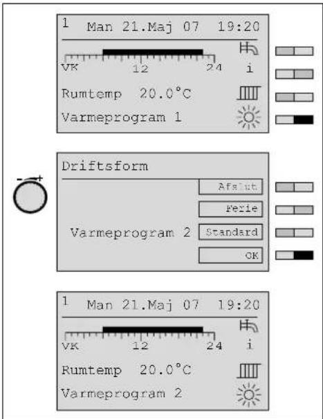 1 Man 21.Maj 07 19:20 VK 12 24 i Rumtemp 20.0°C Varmeprogram 1 Driftsform Afsiut Ferie Varmeprogram 2 Standard OK 1 Man 21.Maj 07 19:20 VK 12 24 i Rumtemp 20.0°C Varmeprogram 2