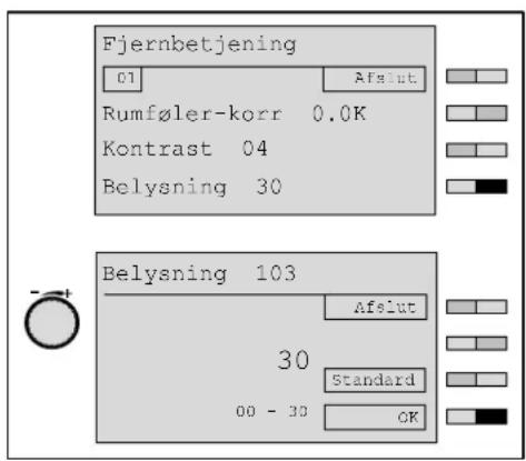 Fjernbetjening 01 Rumføler-korr 0.0K Kontrast 04 Belysning 30 Belysning 103 30 Standard 00 - 30 OK