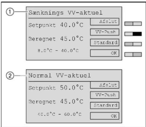 Sæknings VV-aktuel Setpunkt 40.0°C Beregnet 45.0°C 8.0°C - 40.0°C Afslut VV-Push Standard OK Normal VV-aktuel Setpunkt 50.0°C Beregnet 45.0°C 40.0°C - 60.0°C Afslut VV-Push Standard OK