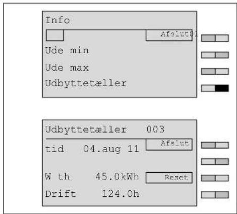 Info Ude min Ude max Udbyttetæller Udbyttetæller 003 tid 04.aug 11 Afslut With 45.0kWh Reset Drift 124.0h