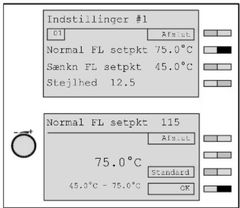 Indstillinger #1 C1 Atslut Normal FL setpkt 75.0°C Sænkn FL setpkt 45.0°C Stejlhed 12.5 Normal FL setpkt 115 75.0°C Standard 45.0°C - 75.0°C OK