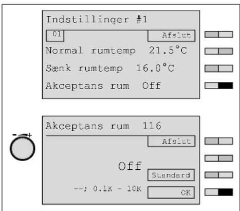 Indstillinger #1 01 Afslut Normal rumtemp 21.5°C Sønk rumtemp 16.0°C Akceptans rum Off Akceptans rum 116 Afslut Off Standard --; 0.1K - 10K OK