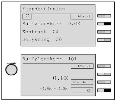Fjernbetjening 01 Afslut Rumføler-korr 0.0K Kontrast 04 Belysning 30 Rumføler-korr 101 Afslut 0.0K Standard -5.0K - 5.0K OK