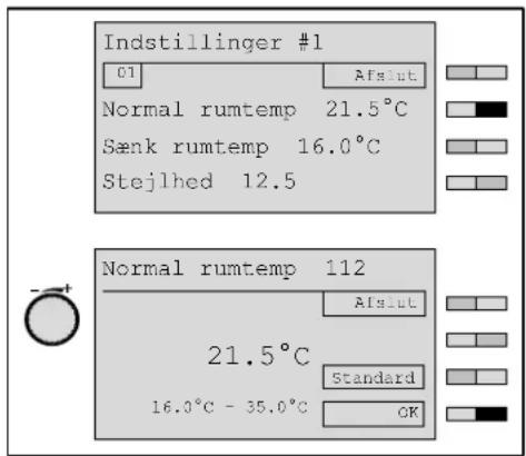 Indstillinger #1 C1 Atslut Normal rumtemp 21.5°C Sønk rumtemp 16.0°C Stejlhed 12.5 Normal rumtemp 112 21.5°C Standard 16.0°C - 35.0°C OK
