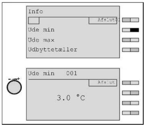 Info Ude min Ude max Udbyttetæller Ude min 001 3.0 °C